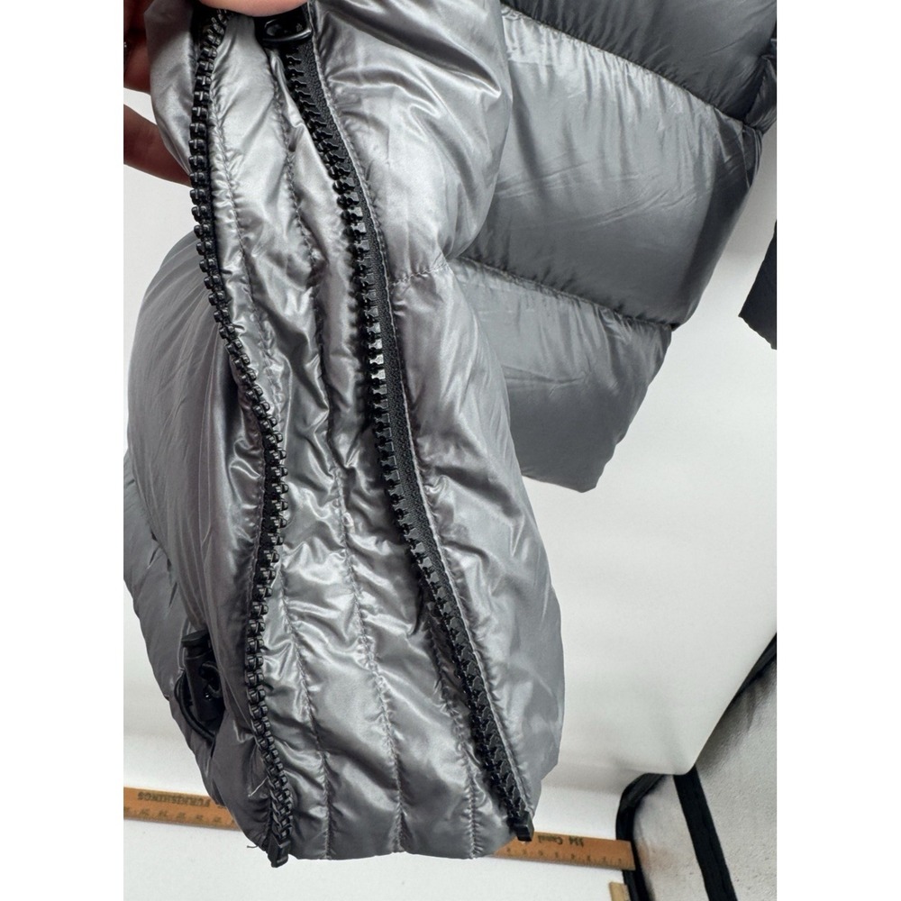 Women XL Metallic Gray Puffer Down Coat Hooded Jacket Mid Length Pockets Winter - Picture 8 of 16